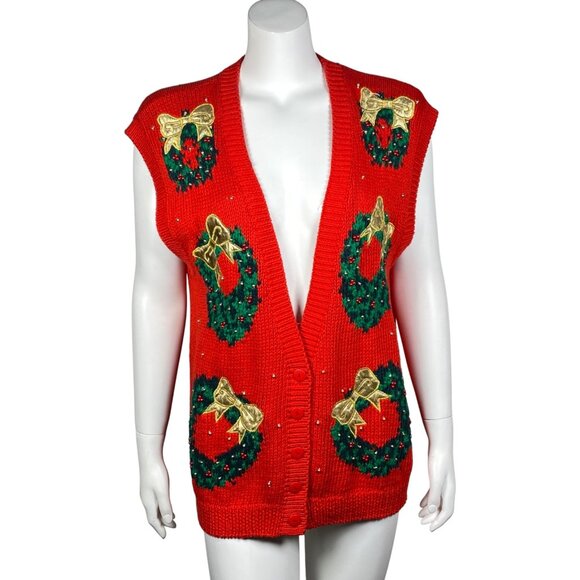 Vintage Westbound Hand Knit Cardigan Sweater Vest Size L Christmas Wreaths - Picture 1 of 7